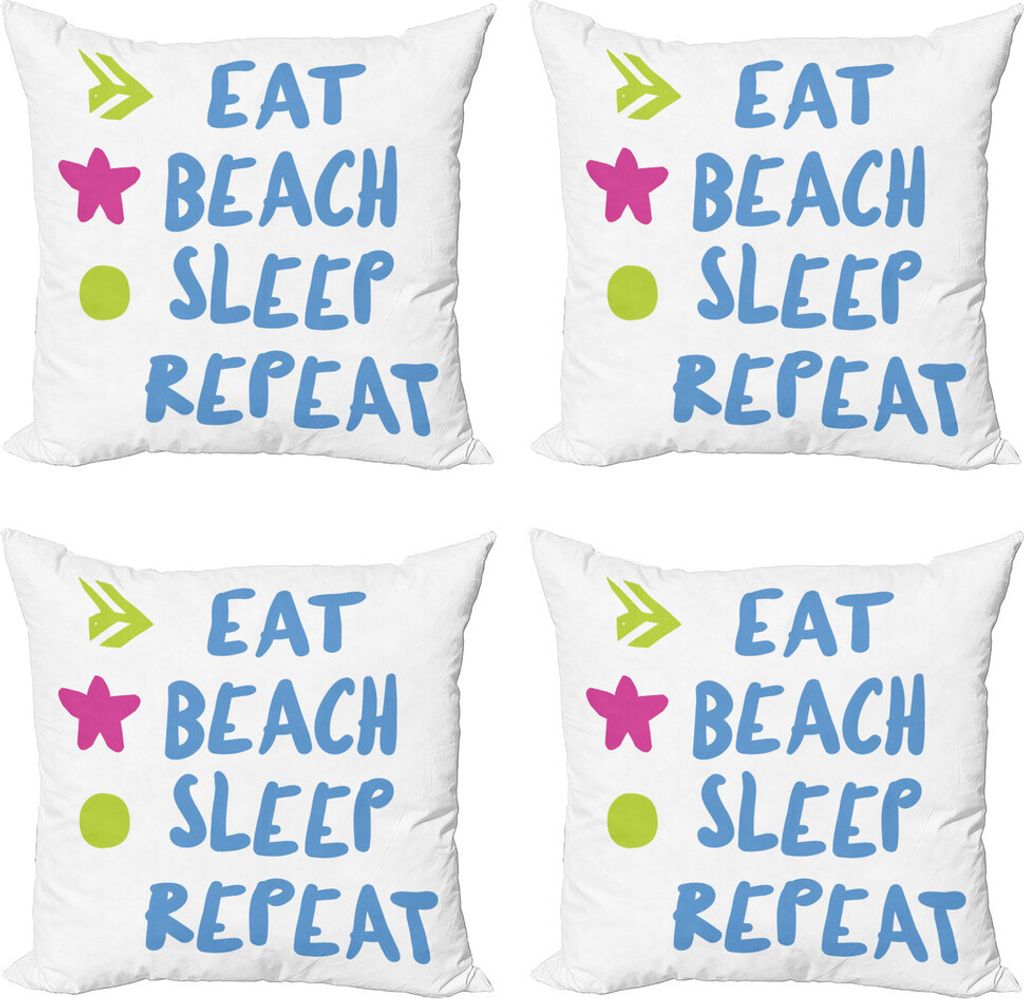 ABAKUHAUS Sprichwort Kissenbezug Set (4 Stück), Essen Sie Strand-Schlaf-Wiederholung Text, Moderner Doppelseitiger Digitaldruck, 40 cm x 40 cm, we...