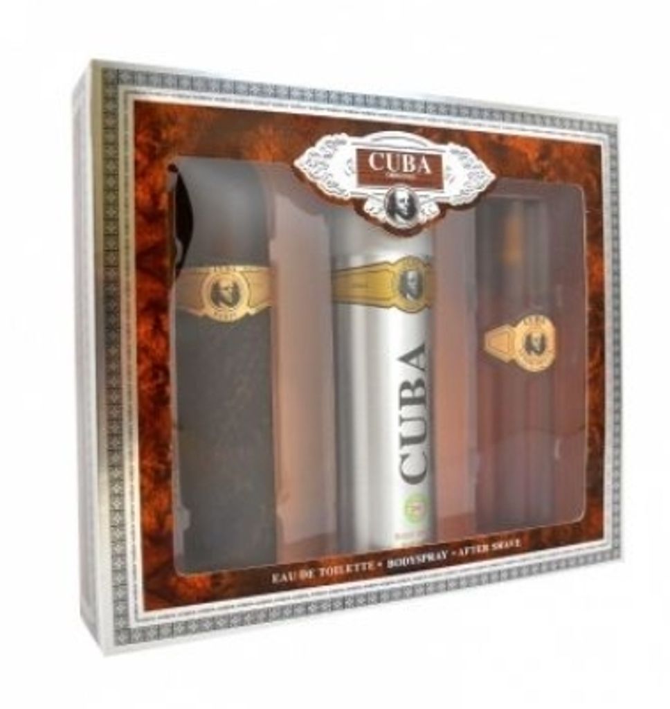 A gift set of three Cuba brand fragrance products displayed in a retail box.