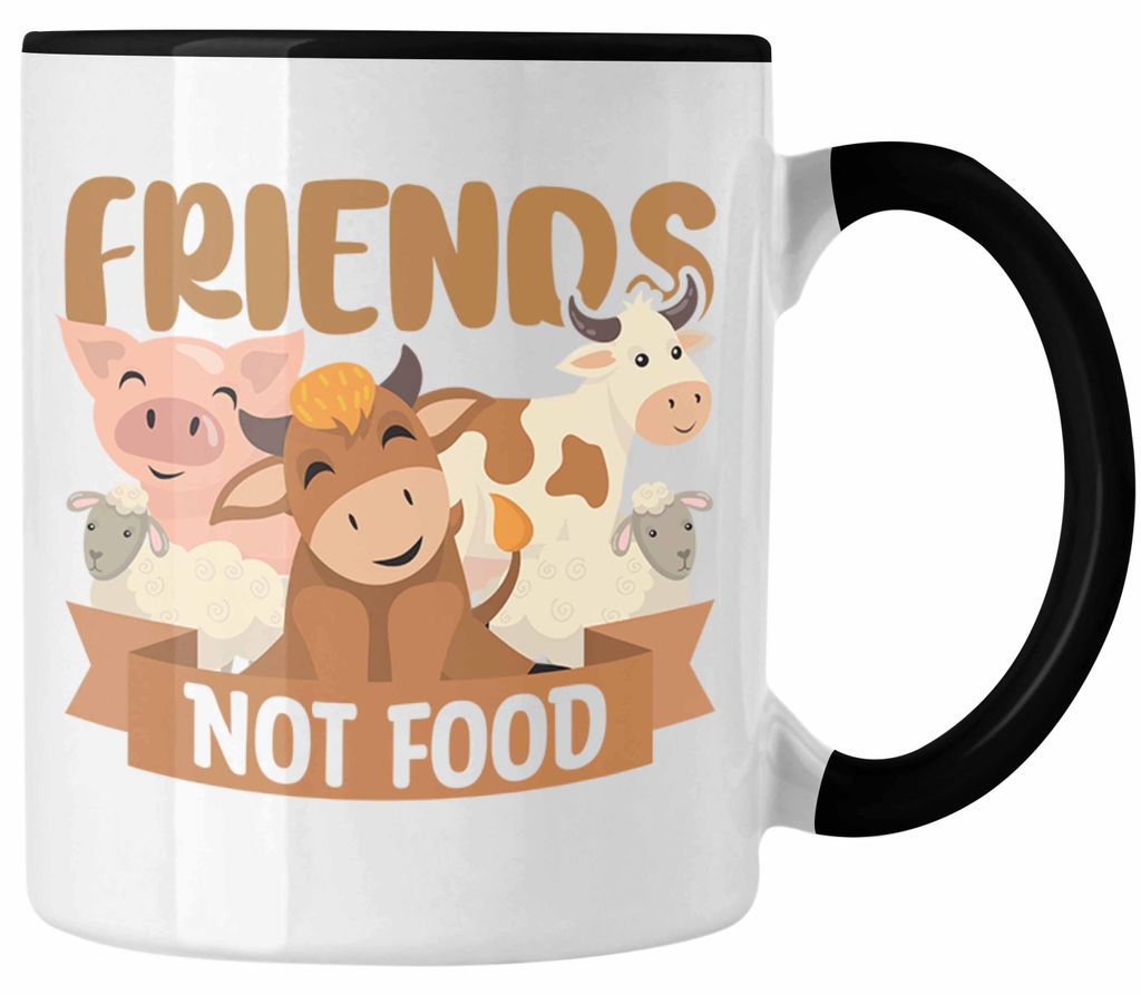 Veganer Tasse Geschenk Friends Not Food Vegan Geschenkidee Lustiger Spruch Vegane Lebensweise Veganerin (Schwarz)