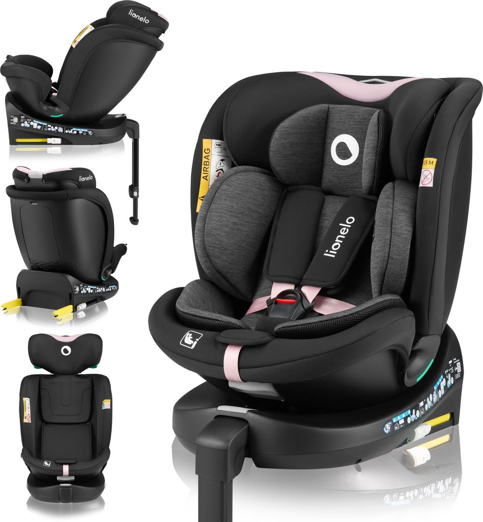 Lionelo Kindersitz Navy i-Size 360° EasyTurn-Drehbasis, 40-150 cm, Montage mit ISOFIX und einem Stützfuß, R129-Norm - Schwarz Rosa