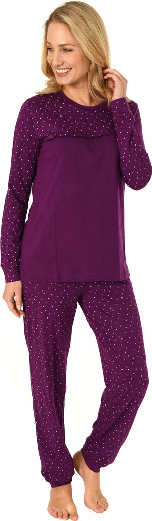 Gepunkteter Damen Pyjama Schlafanzug mit Bündchen in Tupfenoptik - 291 201 90 470 ; beere , 36