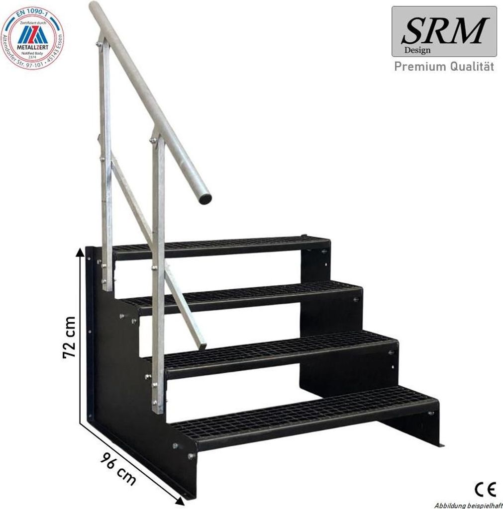 4 Stufen Standtreppe Modell 2 komplett schwarz Treppe Stahltreppe Tritthöhe 18 cm Breite 130 cm Höhe 72 cm mit 1x Geländer