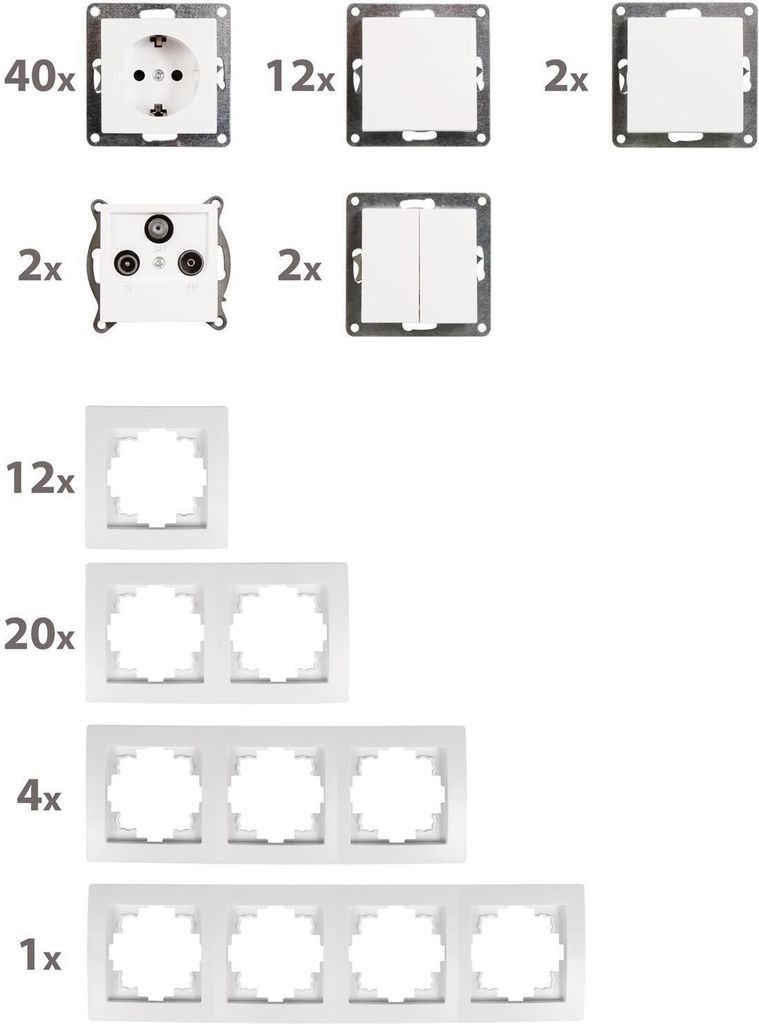 A collection of electrical components, including sockets, switches, and frames, arranged in rows and columns against a white background.