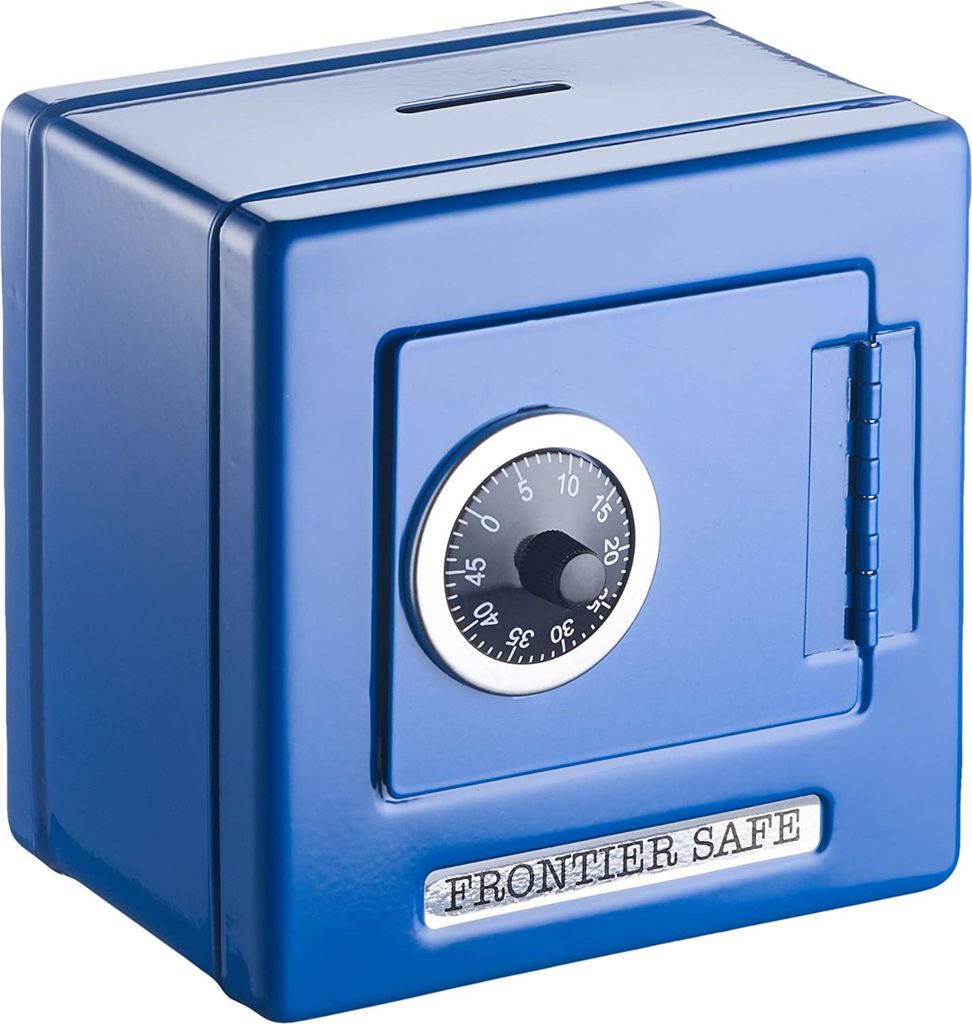 A blue metal safe with a combination lock and a coin slot on top.