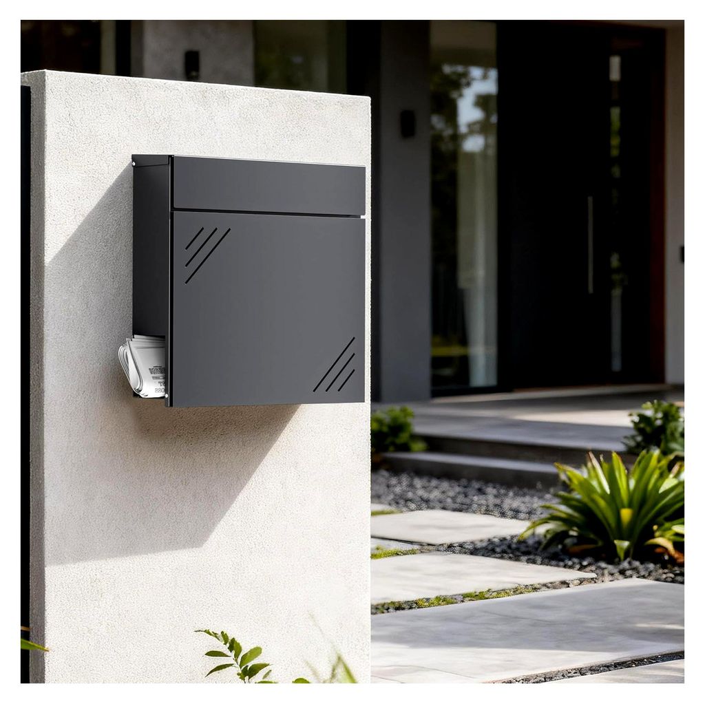 Wandbriefkasten Anthrazit aus Stahl 37 x 11 x 37 cm mit Zeitungsfach und Schlüssel