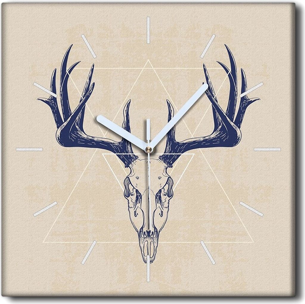 Coloray Uhr auf Leinwand 30x30 cm Wand Uhr Dekoration Wohnzimmer Segeltuch weiße Zeiger -Dreieck-Hirsch-Schädel.