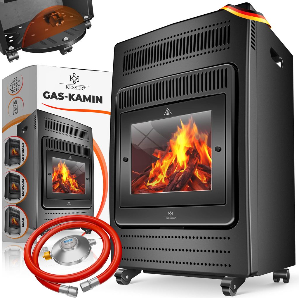 KESSER Gasheizer Gasheizofen Heizstrahler 3,4 kW Gas Kamin inkl. Gasdruckregler & Gasschlauch 2 Heizstufen Infrarot 3400W Gasheizstrahler Gasheiz...