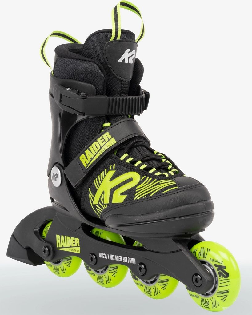 A black and neon green K2 Raider inline skate is shown against a white background.