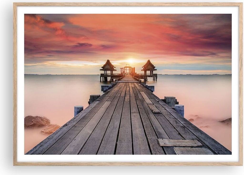 Gerahmtes Poster - Rahmen in heller Eiche - Brücke Holz Spaziergang - 100x70 cm - Wand Bild - Wanddeko - Wandbilder - Kunstposter - Wandposter - B...