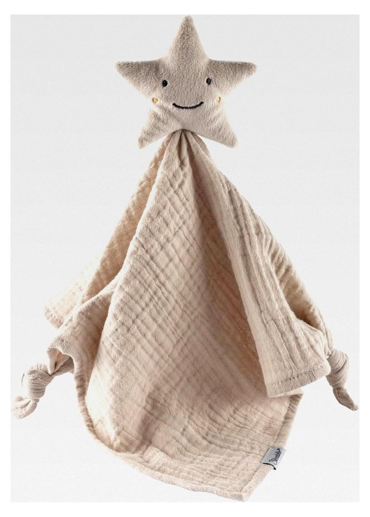 Baby Schmusetuch Stern mit besticktem Gesicht, Schnuffeltuch aus Musselin mit Knotendetails