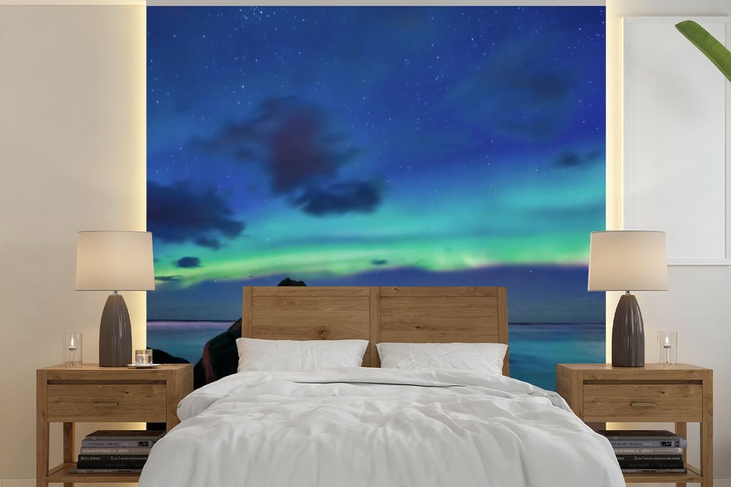 MuchoWow Fototapete für Wohnzimmer oder Schlafzimmer Wandtapete Vinyl Motivtapete Himmel - Landschaft - Polarlicht - 260x260 cm - Papiertapeten