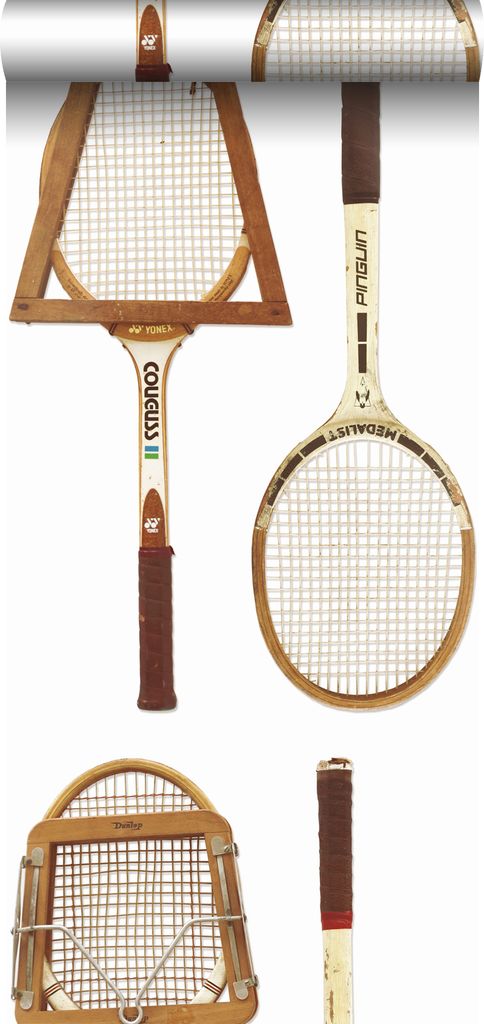 ESTAhome XXL-Vliestapete Vintage-Tennisschläger Weiß, Braun und Beige 50 x 900 cm