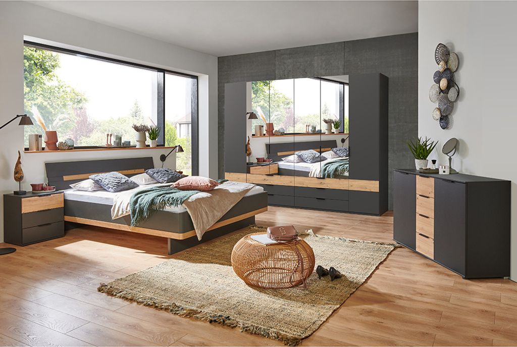 Schlafzimmer Komplett Set GRANADA-43 mit Bett 180x200cm und 6-trg. Kleiderschrank in graphit mit Artisan Eiche Nb.