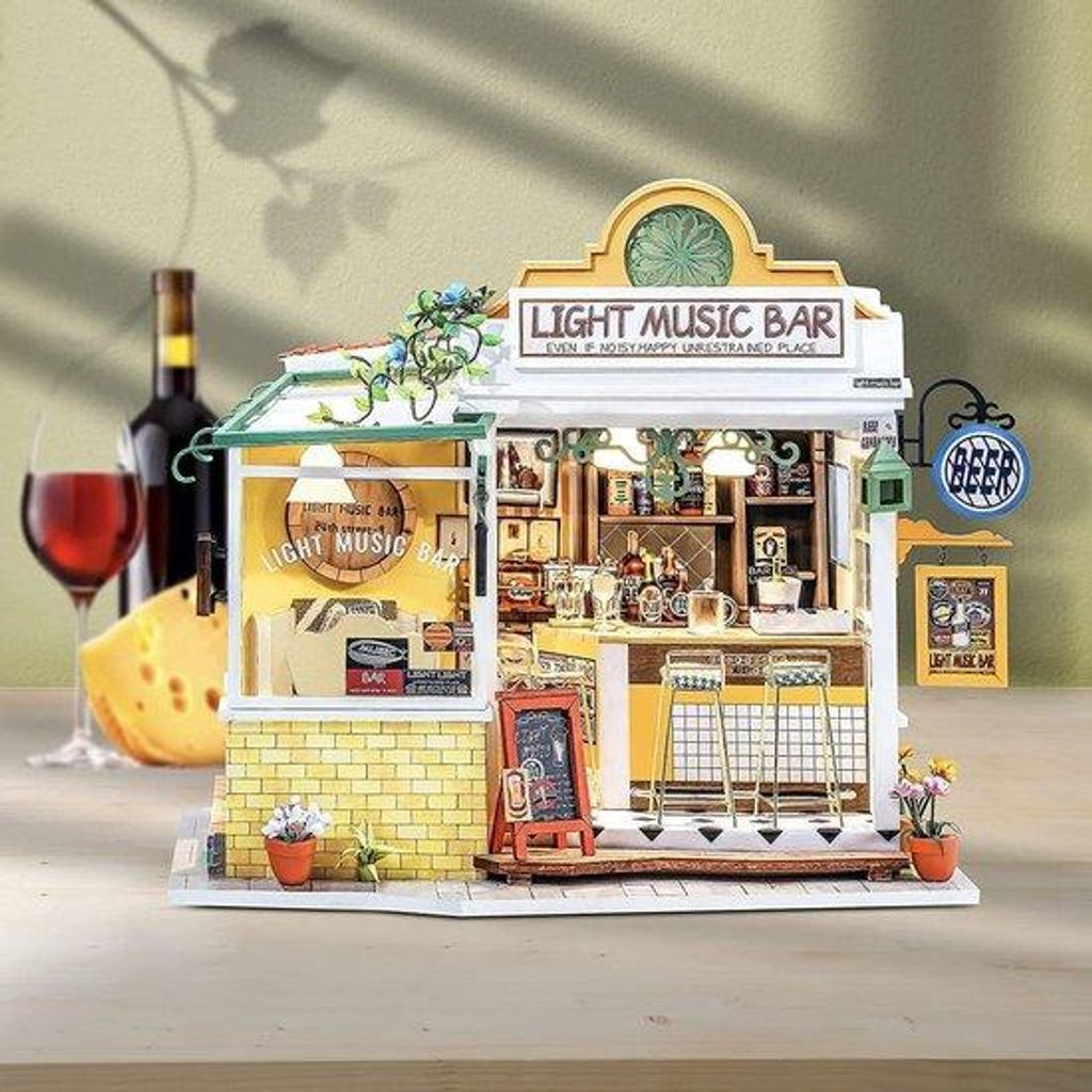 Holzmodellhaus für Mädchen und Jungen, Alter 14+, Miniaturhaus-Baukasten, Holz, Musikbar, Lichteffekt.