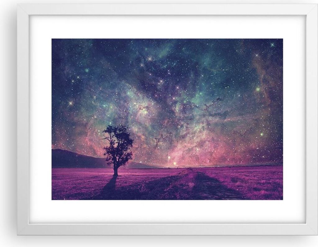 Gerahmtes Poster - Weißer Rahmen - Kosmos Baum Wiese - 40x30 cm - Wand Bild - Wanddeko - Wandbilder - Kunstposter - Wandposter - Bilderrahmen - Bi...