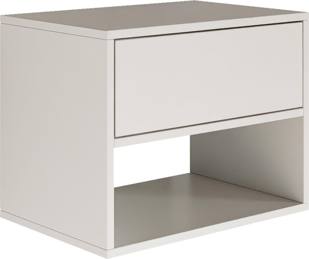 A white nightstand with a drawer and an open shelf, presented against a white background.