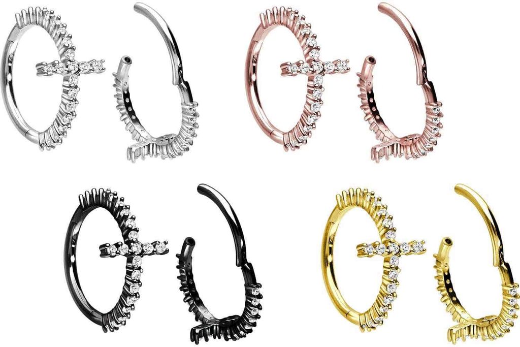 Ohrpiercing, Nasenpiercing, Septum Piercing Chirurgenstahl Segmentring Clicker KRISTALLKREUZ RoséGold Innendurchmesser: 12 mm