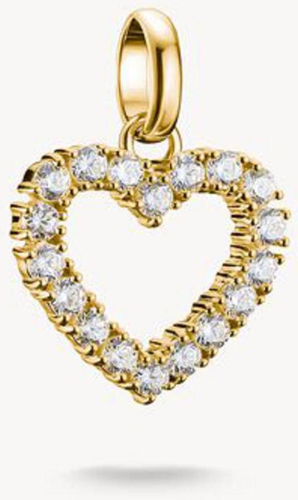 A close-up studio shot of a gold heart-shaped charm pendant with clear stones, set against a plain white background.