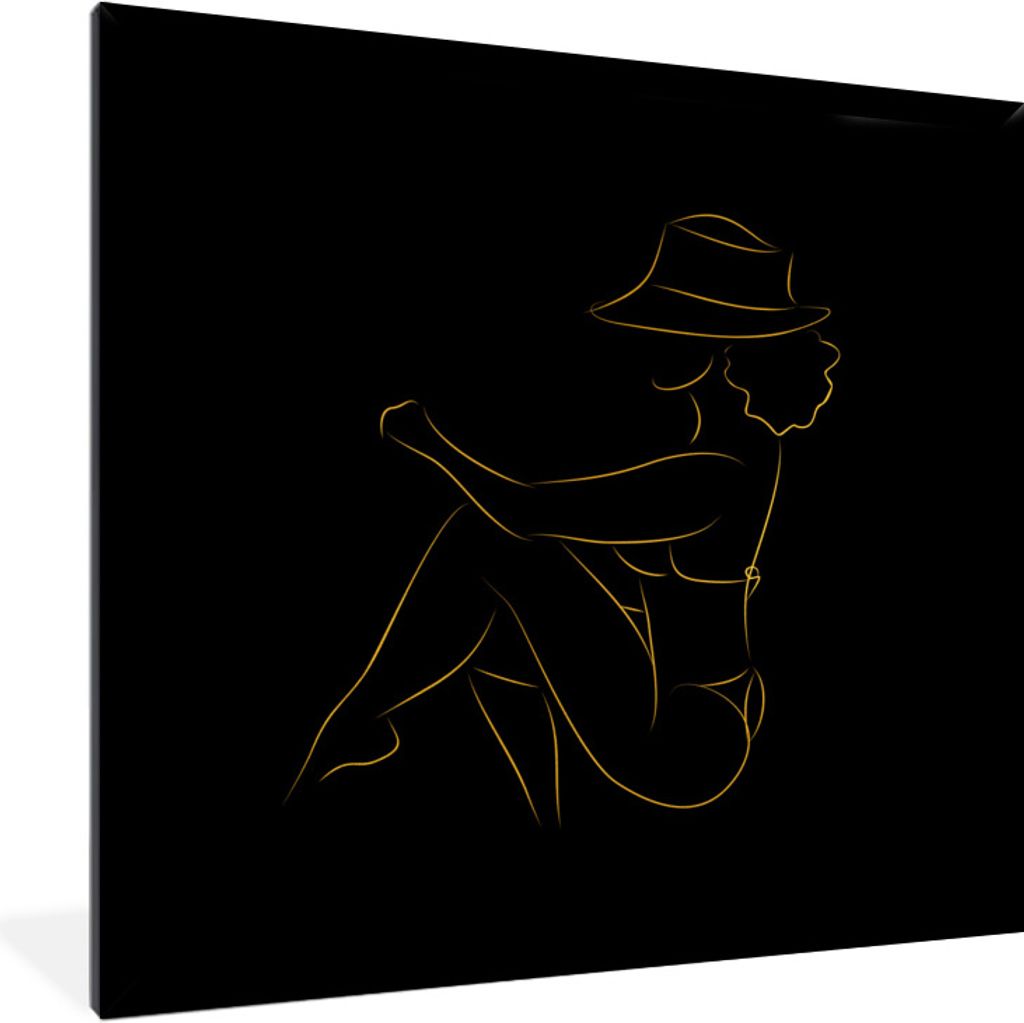 MuchoWow Gerahmtes Poster Frau - Hut - Schwarz und Gold - Strichzeichnung 40x40 cm - Poster mit Schwarzem Bilderrahmen Wandposter Rahmen Foto Bil...