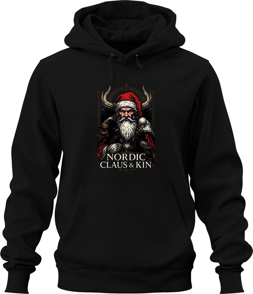 Nordic Claus Kin Wikinger Weihnachtsmann Hornhelm Raben Bart Uni Hoodie Kapuzenpullover, Schwarz, XXL