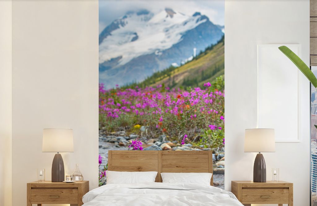 MuchoWow Fototapete für Wohnzimmer oder Schlafzimmer Wandtapete Vinyl Motivtapete Rosa Blumen im Banff-Nationalpark, Alberta - 120x240 cm - Hint...