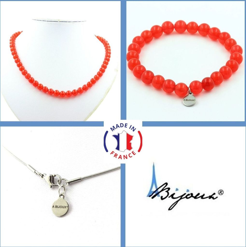 Schmuckset Armband Halskette Rote Chalcedonperlen 8 mm Edelstahlkette