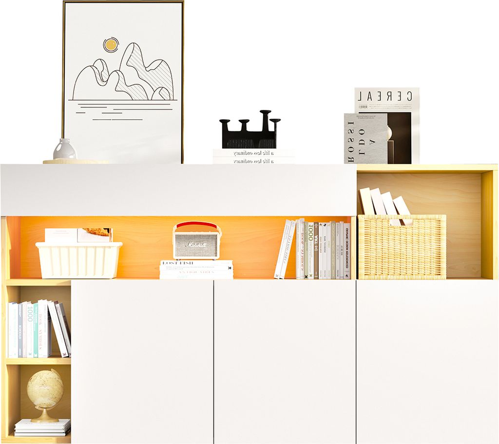 Sideboard mit LED Multifunktionales Aufbewahrungsschrank Schubladenschrank Kommode für Wohnzimmer und Schlafzimmer Weiß und Eiche