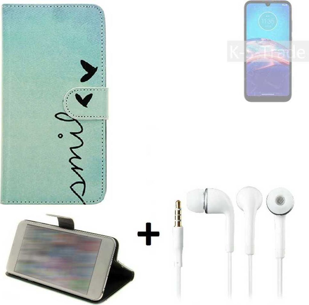 K-S-Trade Schutz Hülle Handy Hülle kompatibel mit Motorola Moto E6i 360° Wallet Case Schutz Hülle ''smile'' inkl. Ohrstöpsel Smartphone cover