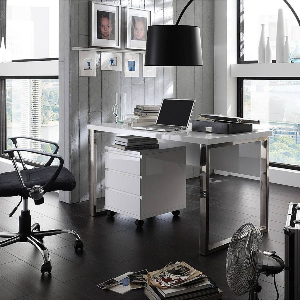 Moderner Laptoptisch White Desk 120x60 Schreibtisch Hochglanz weiß verchromt