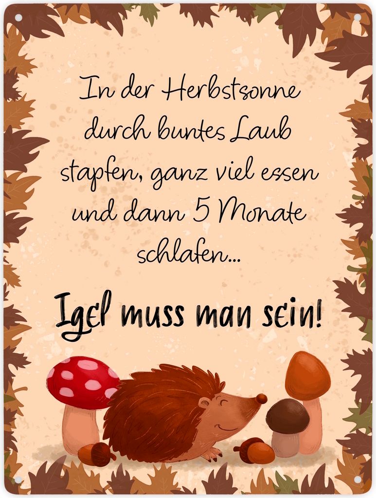 Winterschlaf Herbst Metallschild XXL in 28x38 cm mit Spruch - Igel muss man sein