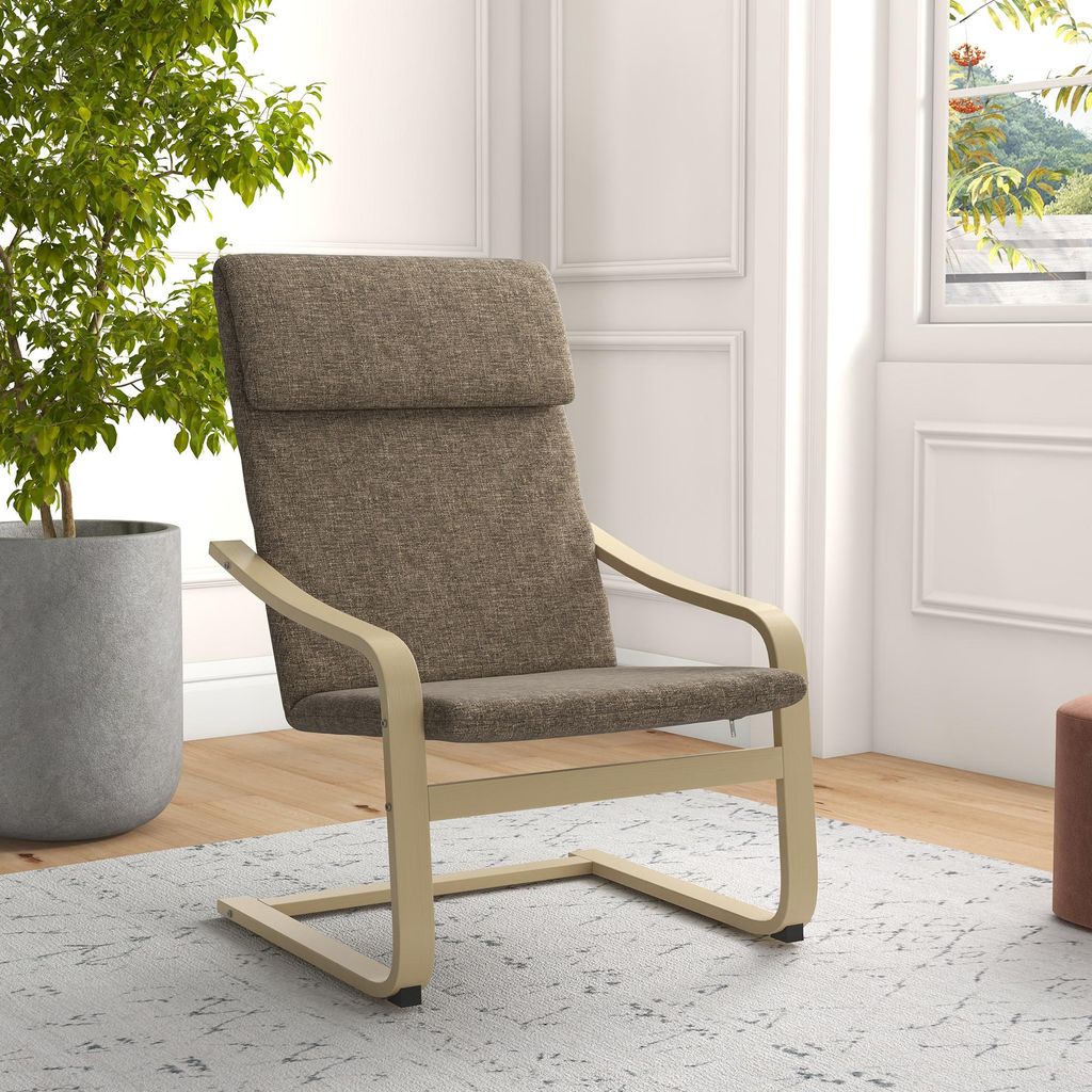 Ohrensessel Leinenoptik mit Kopfstütze Armlehnen, Polstersessel Esszimmerstuhl C-Gestell, Braun | 65x79x98 cm | bis 120 kg | Holzgestell