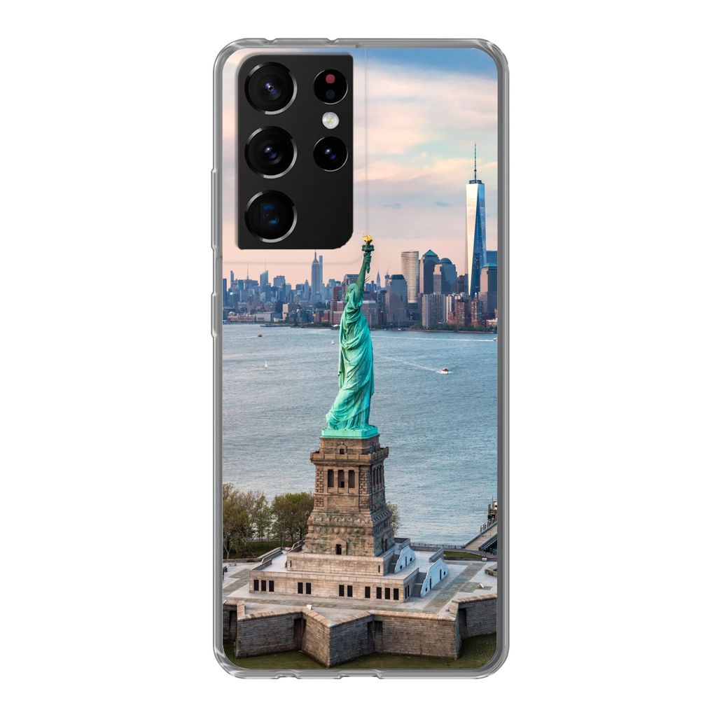 MuchoWow Handyhülle Schutzhülle Hülle für Samsung Galaxy S21 Ultra Freiheitsstatue mit der Skyline von New York Silikon Softcase Handy Hülle...