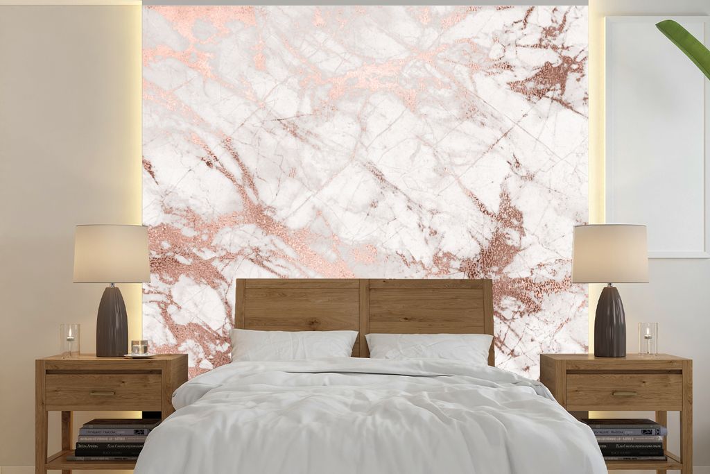 MuchoWow Fototapete für Wohnzimmer oder Schlafzimmer Wandtapete Vinyl Motivtapete Marmor - Muster - Rosa - Weiß - 300x300 cm - Wanddekoration