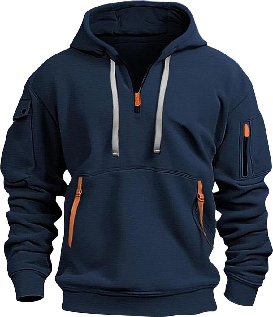 ASKSA Herren Hoodie Basic Jogging Sport Hoodie Kordelzug Mit Taschen Slim Fit Reissverschluss Gym Pullover,A Dunkelblau,L