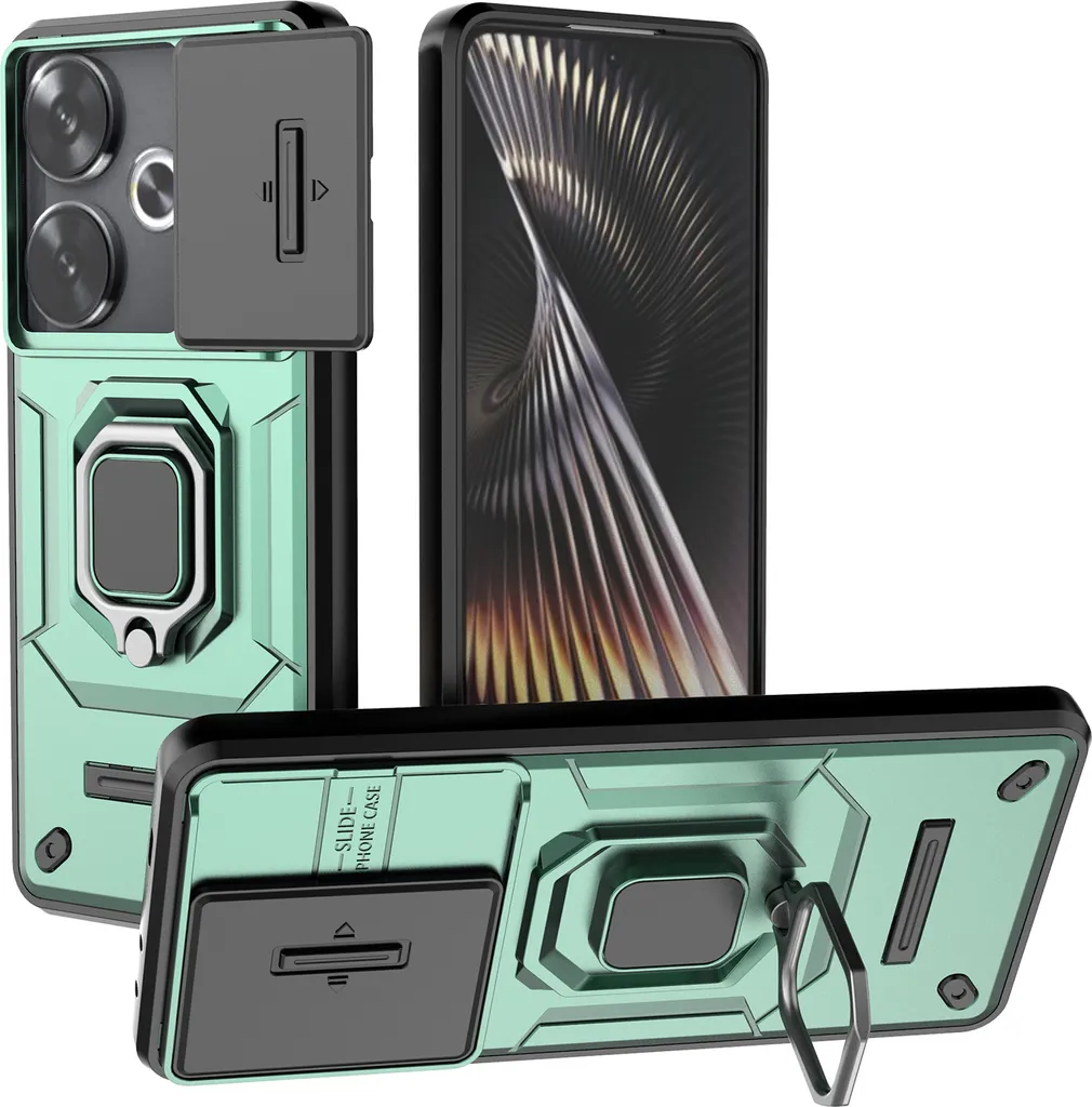 Custodia per Xiaomi Redmi Turbo 3 a doppio strato con protezione scorrevole della fotocamera e supporto ad anello, verde stand