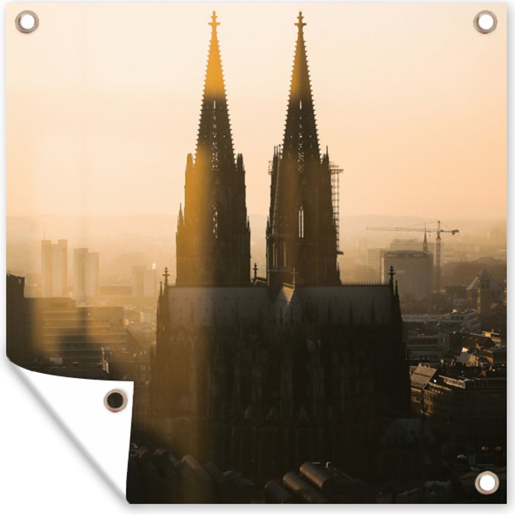 MuchoWow 50x50 cm Outdoor-Poster Gartendeko Sichtschutz Garten Poster für den Garten Köln - Turm - Sonnenuntergang
