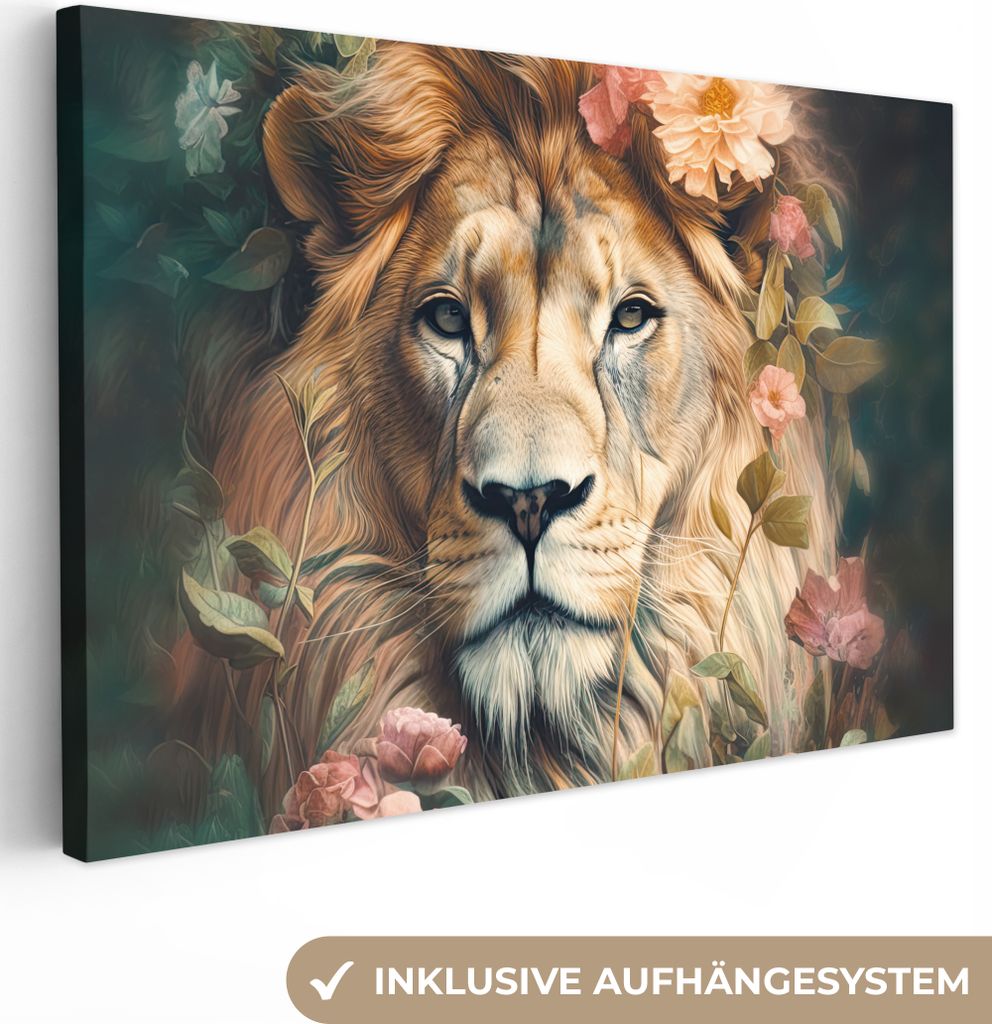 OneMillionCanvasses - Leinwandbilder - 140x90 cm, Löwe - Löwenkopf - Wilde Tiere - Blumen, Wandbilder Kunstdruck Wanddekoration - Foto auf Lein...