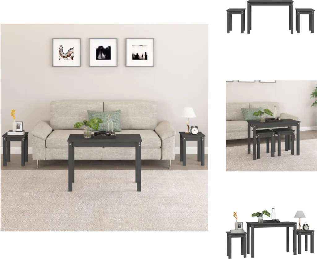 Set 3 Tavolini a Incastro vidaXL Grigio Pino Massiccio - Arredo Moderno