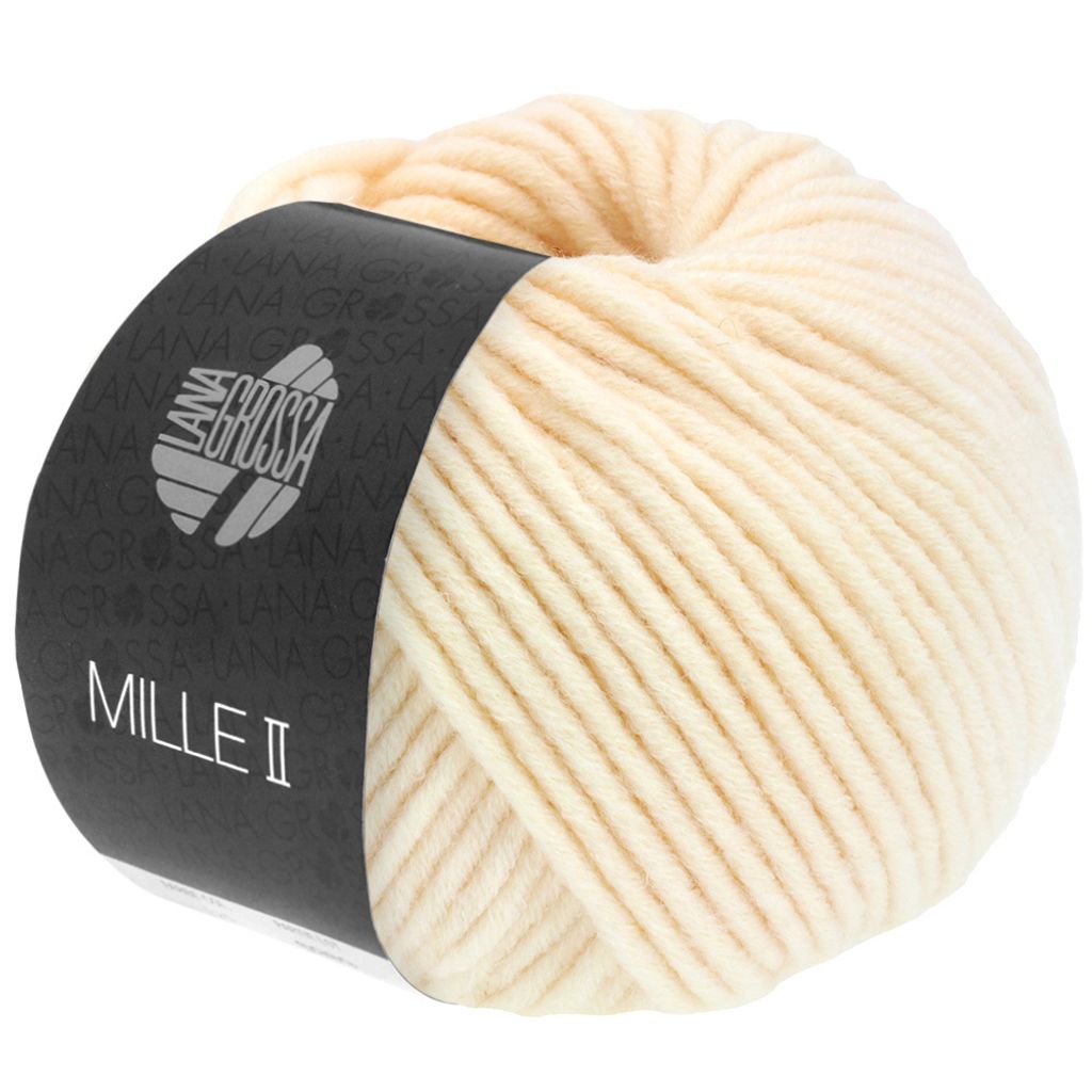 A ball of cream-colored yarn with a black label.