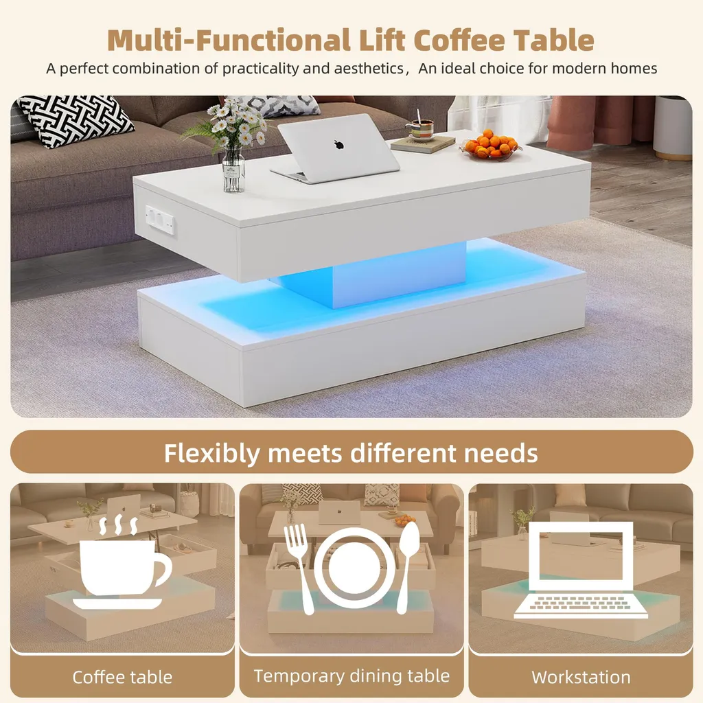 Table Basse Transformable à Plateau Relevable et LED Design Blanc - 6