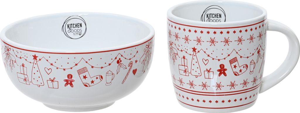 Frühstücksgeschirr Keramik mit Weihnachtsmotiv 2er Set Weiß / Rot