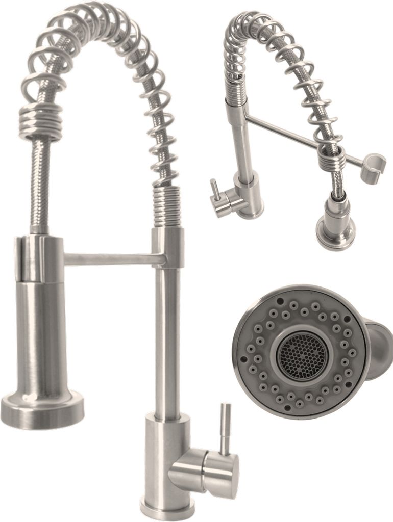 A kitchen faucet and its spray head are displayed against a white background.