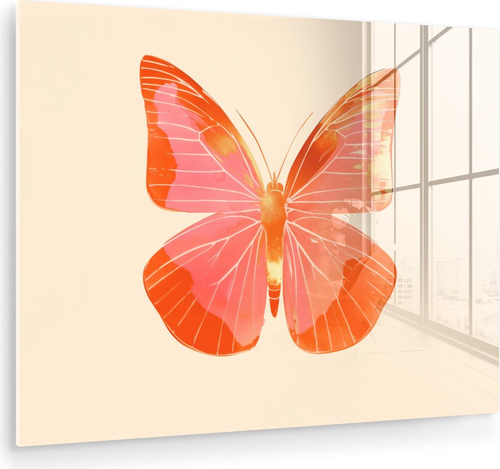 MuchoWow Glasbilder - Bilder auf Wandbild - Foto auf Glas Schmetterling - Minimalistisch - Rosa 80x60 cm Wanddekoration aus Glas - Acrylglasbild - ...