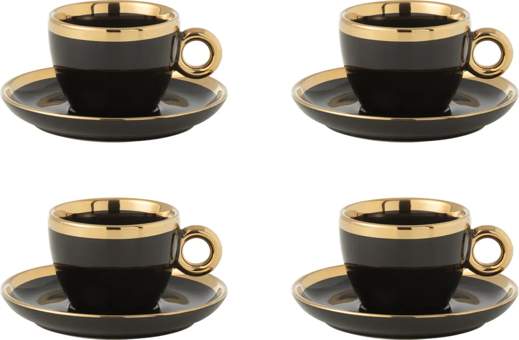 Service à Café de 4 Tasses avec Soucoupes Céramique Noire et Dorée