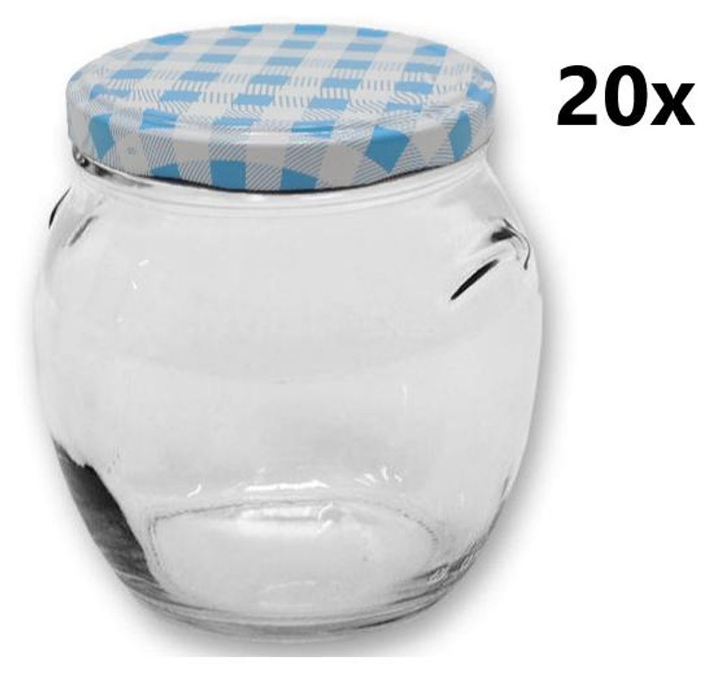 Einmachglas 520 ml AMFORA klar/transparent 20 Stück INKLUSIVE KARIERT HELLBLAUEN DECKELn, Anzahl der Teile in einer Packung: 20