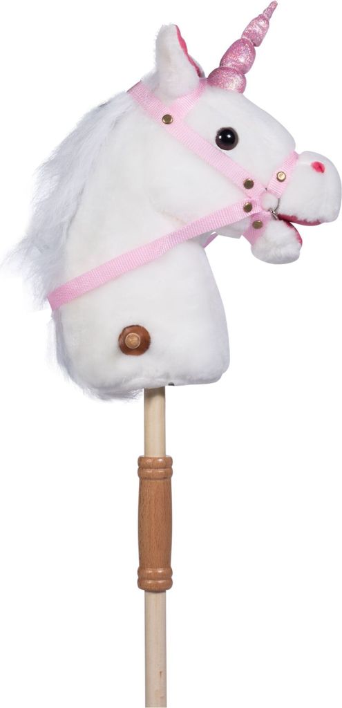 A white plush unicorn hobby horse on a wooden stick, against a white background.