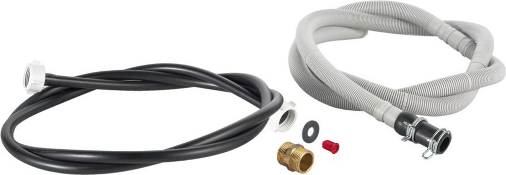 Two hoses and some connectors are laid out on a white background.