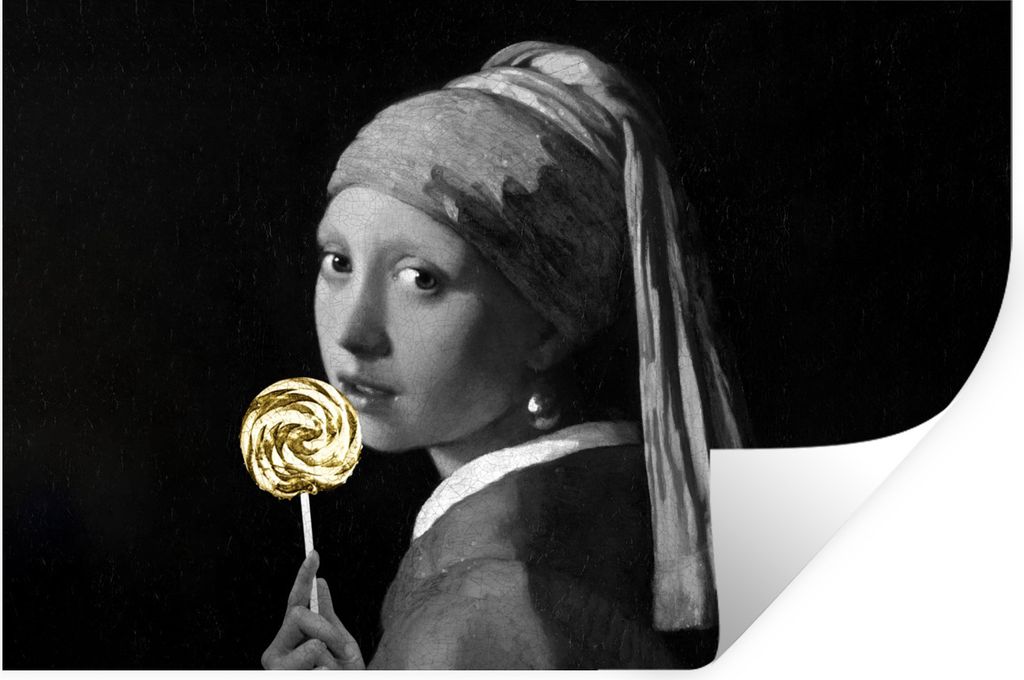 MuchoWow Wandtattoo Wandsticker Wandaufkleber Mädchen mit Perlenohrring - Johannes Vermeer - Schwarz und weiß 60x40 cm Selbstklebend und Reposi...