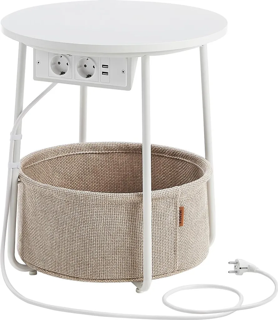 Table d'appoint anti-câbles emmêlés avec multiprise blanc et camel