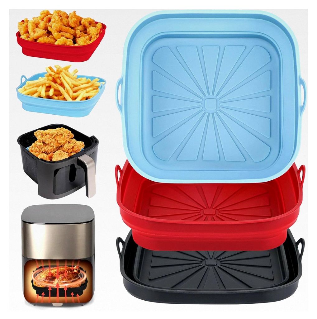 Silikonform für Heißluftfritteuse, 3 Stück Wiederverwendbare Silikoneinsätze Quadratisch für Air Fryer, Mikrowelle, Ofen (Rot, Schwarz, Himmel...